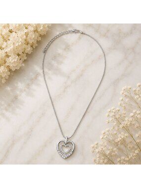 Vtg Double Heart Necklace Made with Swarovski Crystals Sterling Silver Overlay